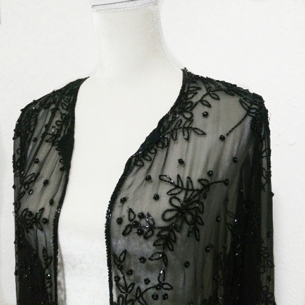 VINTAGE 80s Black Beaded Formal Long Sleeve Shrug